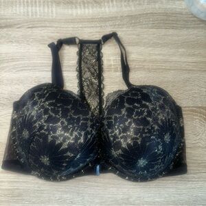 Victoria’s Secret Black And Gold Lace Front Closure Push-Up Bra Size 36DD